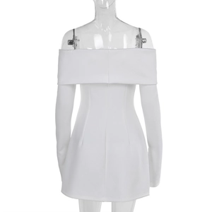Back view of a white off-the-shoulder long sleeve bodycon dress with folded neckline