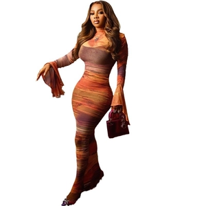 Slim fit abstract print dress with bell sleeves and high neck in orange and purple