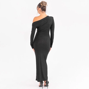 Rear view detail of a black one-shoulder long sleeve party dress with shimmering fabric