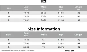 Guide des tailles détaillé pour robe longue dos nu avec mesures de buste, taille et hanches