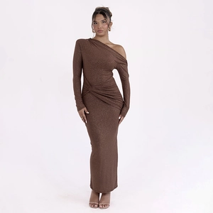 Elegant deep brown ruched off-shoulder long sleeve glitter bodycon maxi dress for women