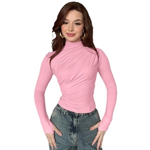 Chic pink high neck long sleeve slim fit top with elegant side ruched detailing for women