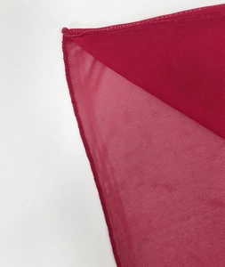 Detail of red sheer mesh fabric showing fine grid texture and quality edge stitching
