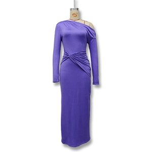Detail view of purple ruched off-shoulder evening gown with sparkling metallic fabric