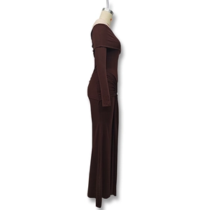 Detail of dark brown off-shoulder dress featuring side ruching and slim fit texture