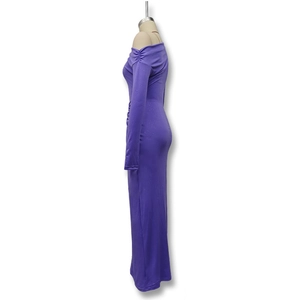 Detail of purple off-shoulder dress featuring shimmering fabric and ruched side stitching