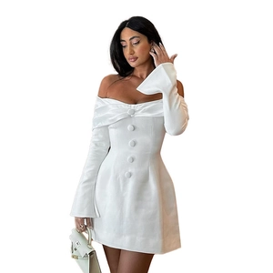 Elegant white off-shoulder long sleeve dress with button detail and flared split cuffs