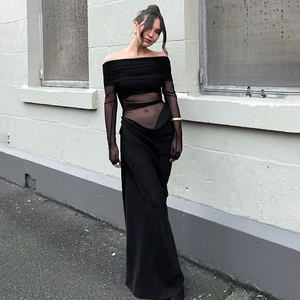 Women Off Shoulder Long Sleeve Mesh Patchwork Maxi Dress Ruched Perspective Sexy Bodycon Evening Party Elegant Long Dress