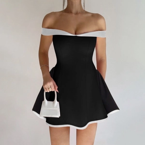 Robe Mini Sexy À Épaules Dénudées Couleurs Contrastées Sans Manches Taille Haute Fête Moulante Polyester Élasthanne