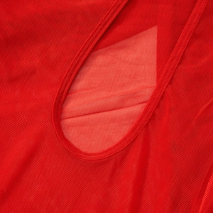 Close-up of red mesh fabric showing breathable sheer texture and high-quality piping detail