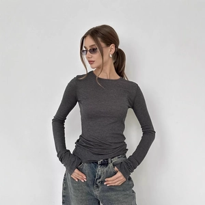Slim fit dark grey long sleeve t-shirt with flare sleeves and crew neck for women