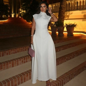 Women's Elegant Mock Neck Sleeveless Maxi Dress Polyester Solid Color Ruched A-Line Evening Party Slim Fit Long Gown