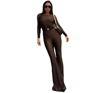 Slim fit deep brown long sleeve jumpsuit with flared trousers and an elegant waist belt