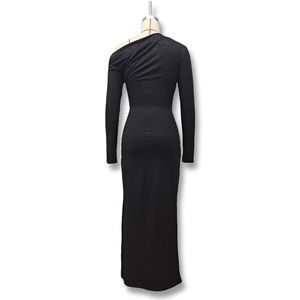 Rear view of black ruched one-shoulder dress with stardust effect and slim fit design