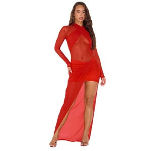 Sexy red mesh long sleeve halter cross top and high slit maxi skirt set for women