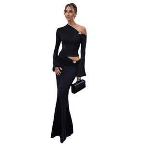 Women's chic black two-piece set with one-shoulder top and high-waist mermaid skirt