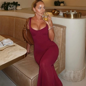 Detailed view of burgundy scoop neck backless maxi dress with high-density knit fabric