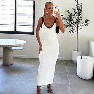 Robe Midi Moulante Sexy pour Femmes Dos Nu Couleur Contrastée Dos Nu Coupe Ajustée Sans Manches pour Fête Vacances