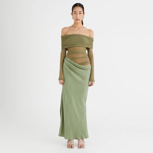 Close-up of olive green mesh off-shoulder top with ruched details and fitted skirt