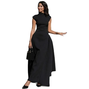 Elegant black sleeveless high-neck A-line maxi dress with voluminous layered pleats