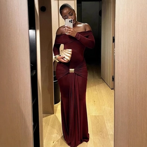 Elegant off-shoulder burgundy long sleeve dress with waist buckle and pleated details