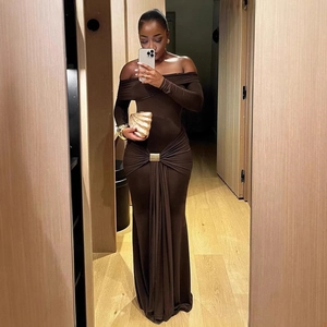 Elegant off-shoulder slim fit brown maxi dress with long sleeves and gold waist buckle