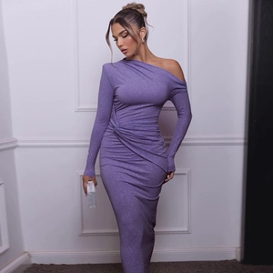 Women Sexy One Shoulder Long Sleeve Ruched Bodycon Maxi Dress Glitter Slim Fit Twisted Evening Party Clubwear Purple Black Brown