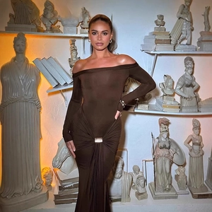 Elegant off-shoulder long sleeve slim fit dress in deep brown with gold buckle detail