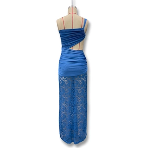 Detail of the navy blue dress showing ruched fabric and sheer floral lace skirt on back