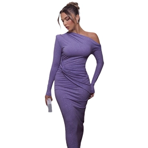 Elegant purple slim fit off-shoulder long sleeve maxi dress with shimmer texture and pleats