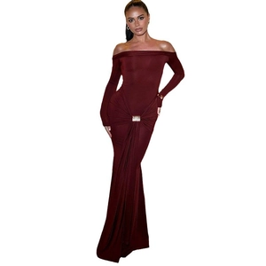 Elegant off-shoulder long sleeve slim fit burgundy dress with waist buckle and ruched detail