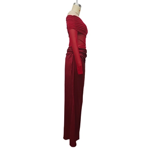 Detail of off-shoulder mesh sleeves and ruched wine red floor-length fitted dress