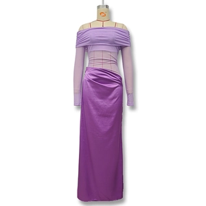 Detail of purple off-shoulder dress with mesh splicing and glossy satin texture