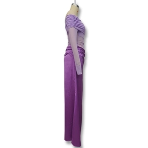 Detail of purple off-shoulder mesh top and satin skirt set on a mannequin