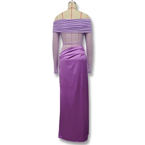 Detail view of purple off-shoulder dress featuring sheer mesh sleeves and satin fabric texture