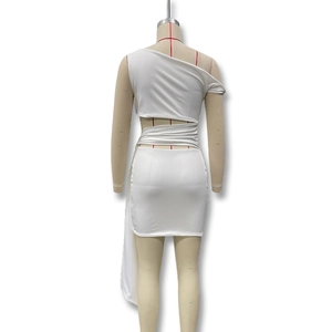 Detail view of the back of white one-shoulder cutout dress with long side ribbons
