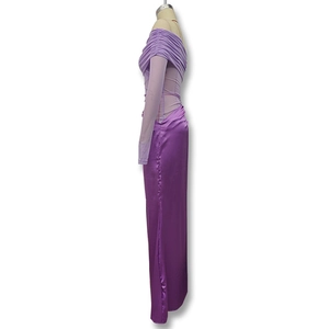 Detail view of purple off-shoulder dress featuring ruched waist and elegant mesh splicing