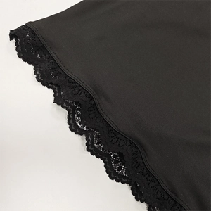 Close-up detail of the elegant scalloped black lace trim on a slim fit long sleeve top