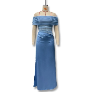 Detail of light blue off-shoulder satin dress with ruching on mannequin stand