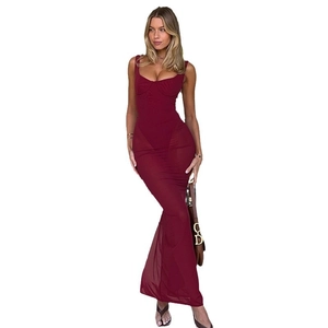 Elegant wine red corset long dress with sheer mesh fishtail hem and slim fit design