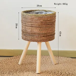 Detail of woven plant stand with dimensions and waterproof plastic liner inside