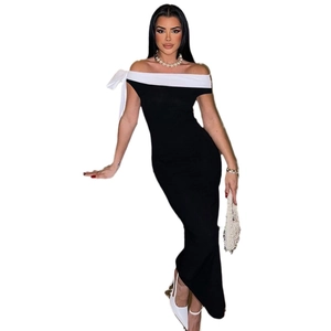 Robe moulante à épaules dénudées noire et blanche avec nœud décoratif et coupe cintrée chic