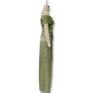 Detailed side view of an olive green off-shoulder satin dress with pleated bodice textures
