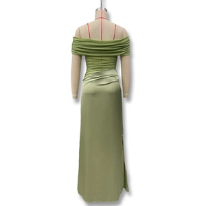 Back view of sage green off-shoulder dress with mesh pleats and satin side slit
