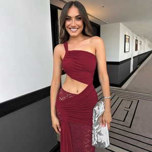 Detail of burgundy one-shoulder lace dress with sexy waist cutout and elegant ribbon style
