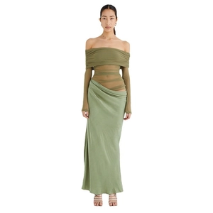 Olive green off-shoulder long sleeve mesh dress with ruching and high waist bodycon fit