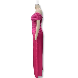 Detail of rose pink off-shoulder dress with elegant pleated texture and slim fit design