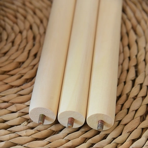 Detailed macro view of solid wood furniture legs with metallic screw threads for assembly