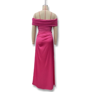 Hot pink off-shoulder long dress with elegant ruched back detailing and slim fit silhouette