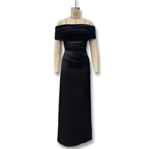 Detail of off-shoulder neckline and sheer mesh patchwork on black bodycon dress